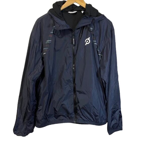 Peloton Windbreaker Jacket Dark Navy Blue Stripe Accents Hooded Rain Jacket Sz M - Picture 1 of 9
